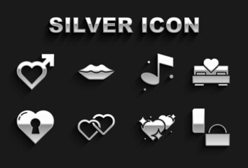 Set Two Linked Hearts, Bedroom, Diamond engagement ring, with keyhole, Music note, male gender and Smiling lips icon. Vector