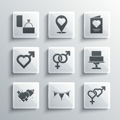 Set Carnival garland with flags, Gender, Wedding cake, Two Linked Hearts, male gender, Diamond engagement ring and Greeting card icon. Vector