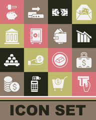 Set Credit card inserted, Briefcase and money, Financial growth decrease, Tearing banknote, Safe, Bank building, Piggy hammer and Wallet with icon. Vector