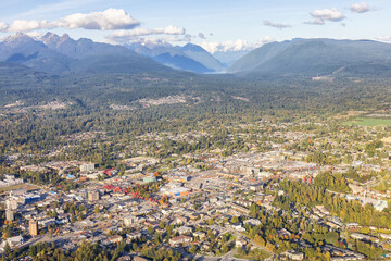 Maple Ridge City in Greater Vancouver, British Columbia, Canada. Aerial View from Airplane. Sunny...