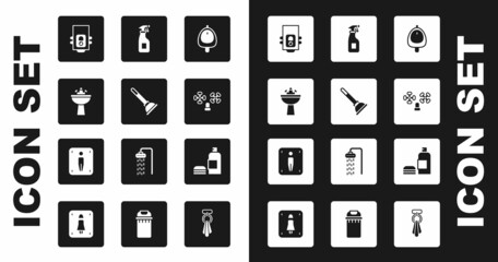 Set Toilet urinal or pissoir, Rubber plunger, Washbasin with water tap, Gas boiler, Water, Cleaning spray bottle, Bottle of shampoo and Male toilet icon. Vector