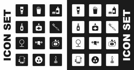 Set Bottle of shampoo, Perfume, liquid soap, Tube toothpaste, Toothbrush, Bucket with suds, Bar and Round makeup mirror icon. Vector