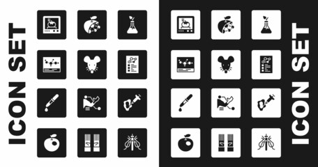 Set Plant breeding, Experimental mouse, Chemical formula, 3D printing technology, Clinical record, Biological structure, Syringe and Pipette icon. Vector