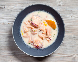 top view of Salmon ceviche in Leche de Tigre sauce