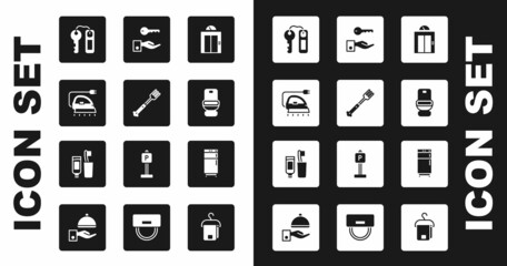 Set Lift, Fork, Electric iron, Hotel door lock key, Toilet bowl, Refrigerator and Toothbrush and toothpaste icon. Vector