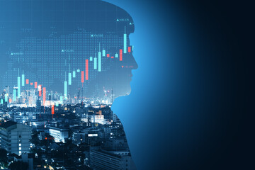 Abstract man silhouette with forex chart and mock up place on dark night city background. Trade and finance concept. Double exposure.