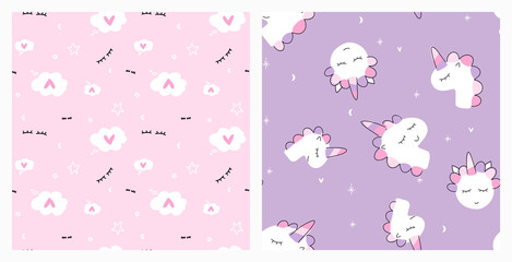 Fototapeta na wymiar Cute sleeping unicorn and love think bubble repeat background. Non directional seamless pattern set in pastel purple and pink colours for the girl's pajama, bedding textile or fabric.