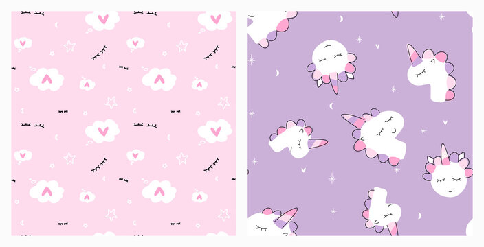 Cute sleeping unicorn and love think bubble repeat background. Non directional seamless pattern set in pastel purple and pink colours for the girl's pajama, bedding textile or fabric. © Letters Patterns etc