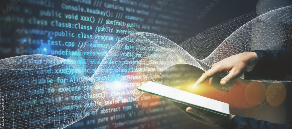 Poster close up of man hand pointing at tablet on abstract glowing blue tech background. innovation and tec