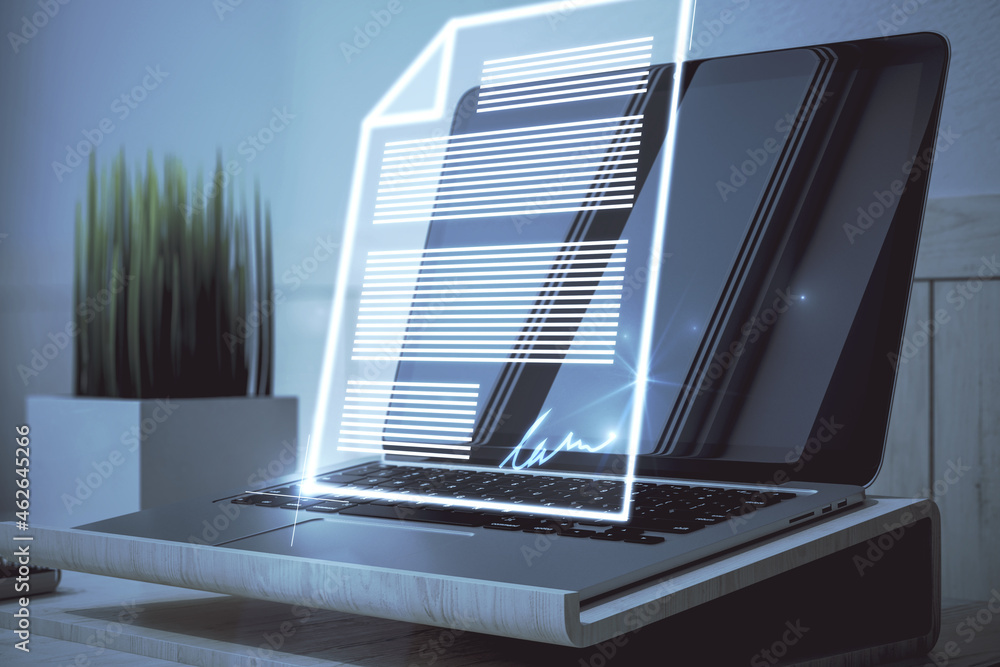 Poster Close up of laptop with abstract digital document hologram. Electronic signature and transformation concept. 3D Rendering.
