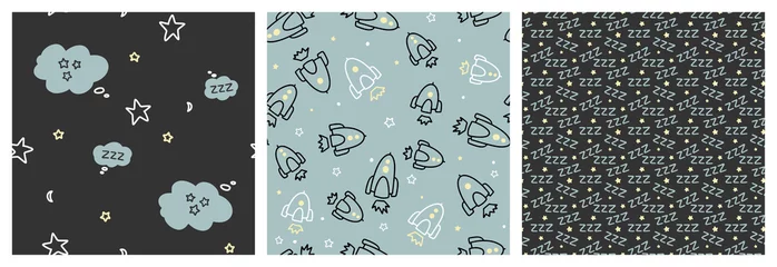 Foto op Canvas Cosmic, spaceship seamless pattern set for boy pajama clothing or bedding textile. Cute vector not directional designs with clouds, think bubble and sleep sound graphic. © Letters Patterns etc
