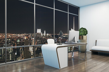 Contemporary designer office interior with workplace, night city view and other items. 3D Rendering.