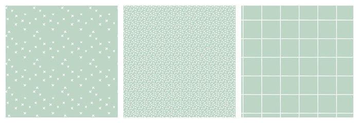 Simple minimalist two colours seamless pattern set. Abstract check grid of horizontal and vertical lines, spots and cross marks. Coordinating different scale vector repeating designs. 