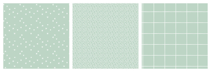 Fototapeta premium Simple minimalist two colours seamless pattern set. Abstract check grid of horizontal and vertical lines, spots and cross marks. Coordinating different scale vector repeating designs. 
