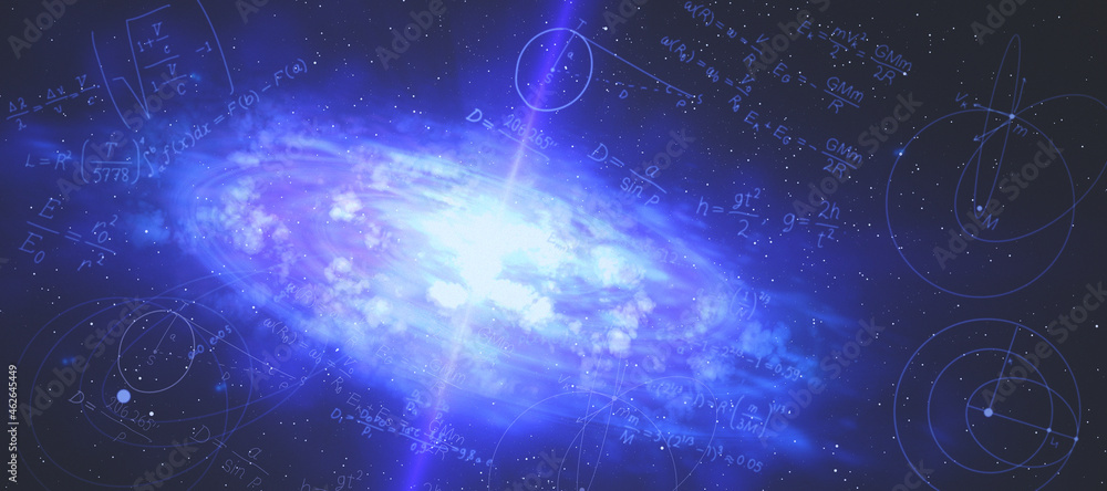 Poster Creative space sky background with mathematical formulas. Landing page and cosmos concept.