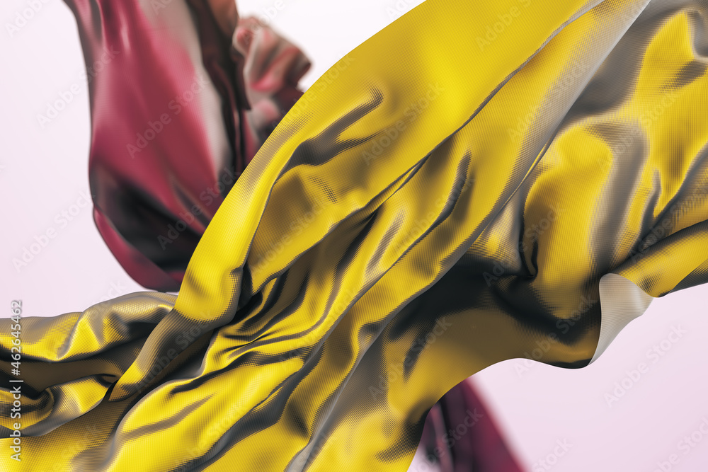 Poster beautiful shiny yellow cloth on white background. design, fabric and landing page concept. 3d render