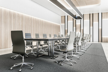Modern meeting room interior with table and chairs. Workplace, negotiation and design concept. 3D Rendering.