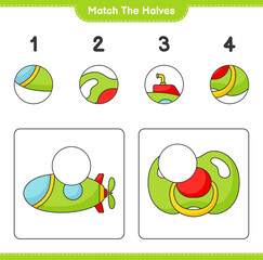 Match the halves. Match halves of Submarine and Pacifier. Educational children game, printable worksheet, vector illustration
