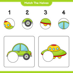 Match the halves. Match halves of Car and Ufo. Educational children game, printable worksheet, vector illustration