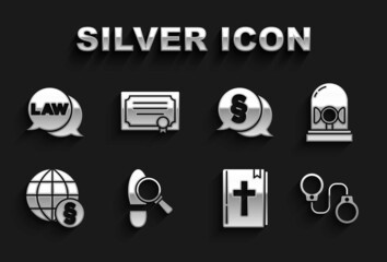 Set Footsteps, Flasher siren, Handcuffs, Holy bible book, International law, Law, and Certificate template icon. Vector