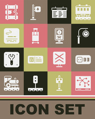 Set Railway map, Electrical outlet, Train station clock, board, Suitcase, Smoking area, Broken rails railway and Information stand icon. Vector