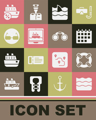 Set Wave, Lifebuoy, Calendar, Shark fin in ocean wave, Cruise ship, Glasses, and Binoculars icon. Vector