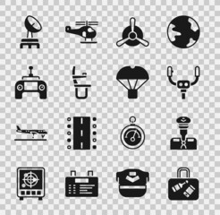 Set Suitcase, Pilot, Aircraft steering helm, Plane propeller, Airplane seat, Drone remote control, Radar and Box flying parachute icon. Vector
