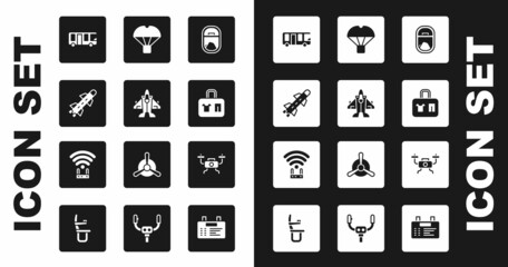 Set Airplane window, Jet fighter, Rocket, Airport bus, Suitcase, Box flying on parachute, Drone and Router and wi-fi signal icon. Vector