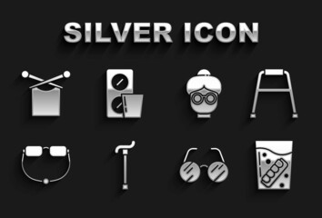 Set Walking stick cane, Walker, False jaw glass, Eyeglasses, Grandmother, Knitting and Pills blister pack icon. Vector