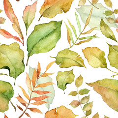 Square seamless pattern with watercolor realistic gold coloured leaves. Hand painted plants on a white background. Template for backdrop and wrapping paper