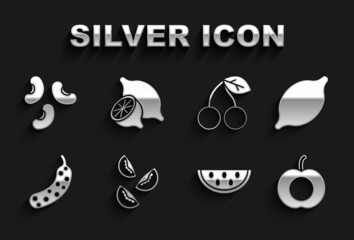 Set Tomato, Lemon, Peach fruit, Watermelon, Fresh cucumber, Cherry, Beans and icon. Vector