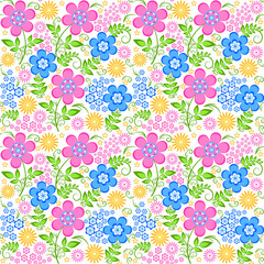 Seamless floral pattern in vector. Decorative background with pink, blue and yellow flowers. Pattern for fabrics, wallpaper, wrapping paper and other design purposes.