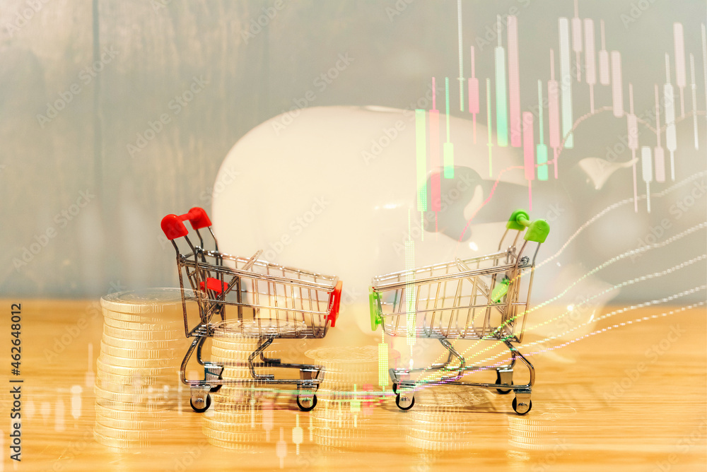 Poster close-up of shopping cart and on vintage retro background with some copy space for texting.
