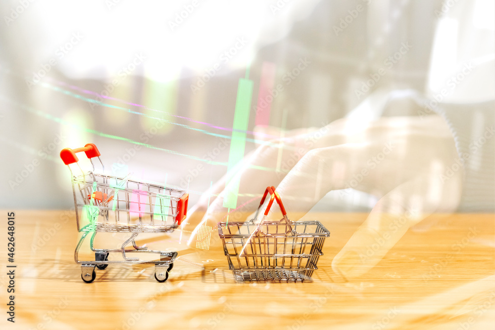 Poster close-up of shopping cart and on vintage retro background with some copy space for texting.