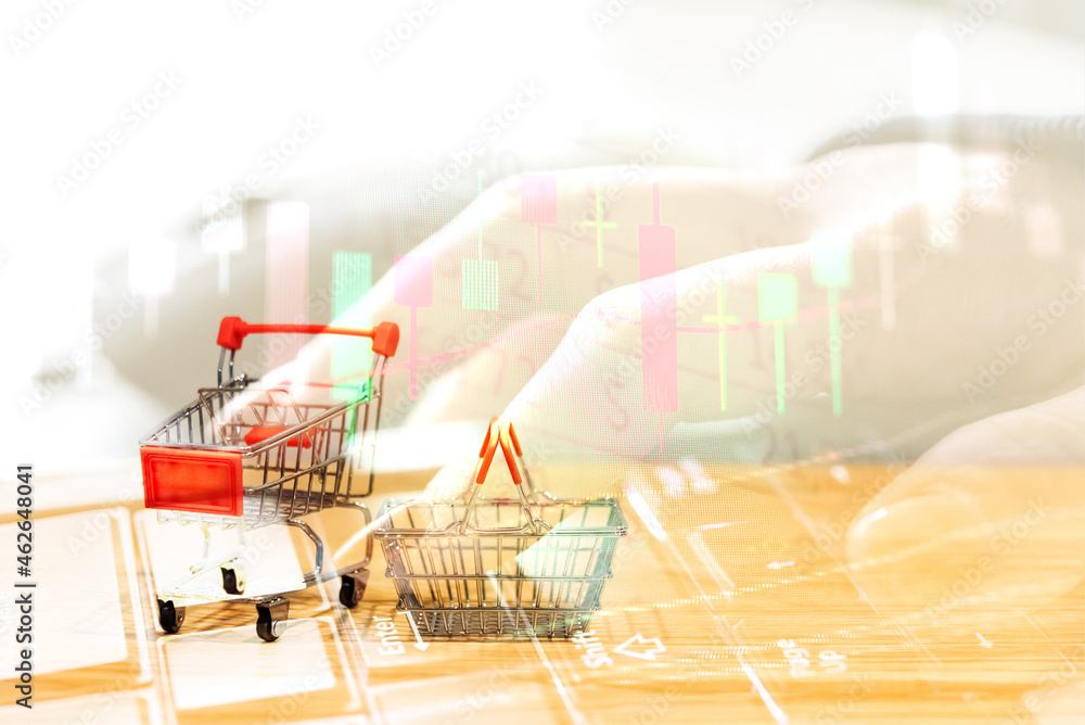 Poster close-up of shopping cart and on vintage retro background with some copy space for texting.