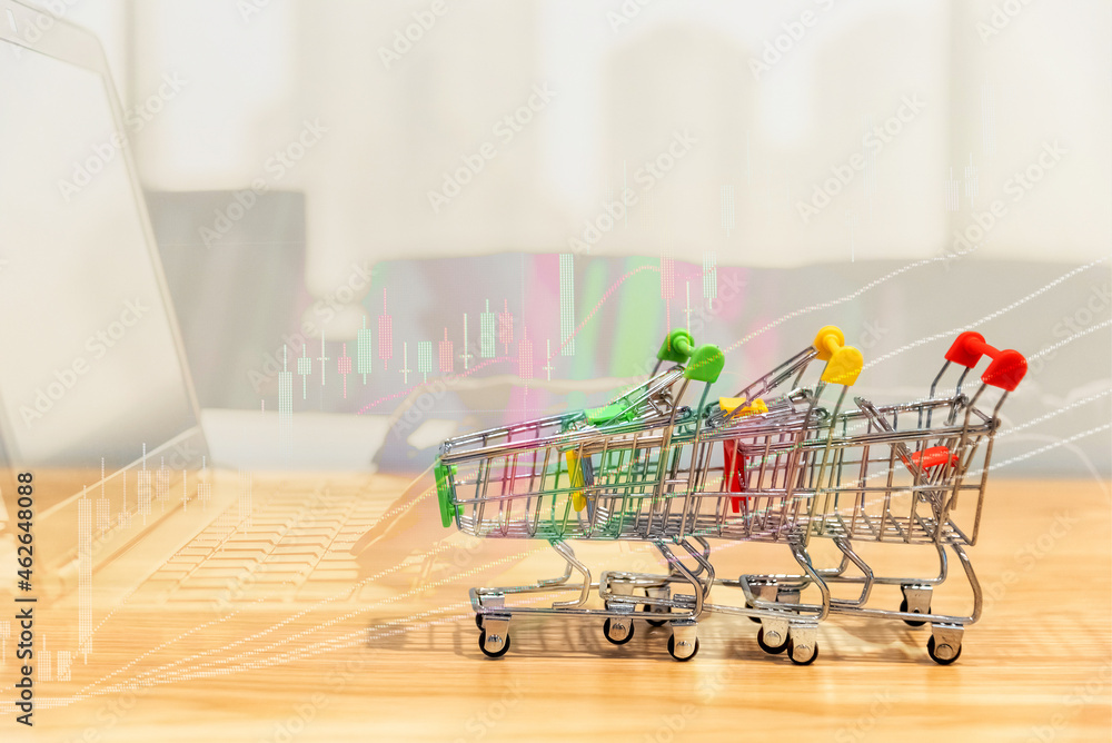 Poster close-up of shopping cart and on vintage retro background with some copy space for texting.