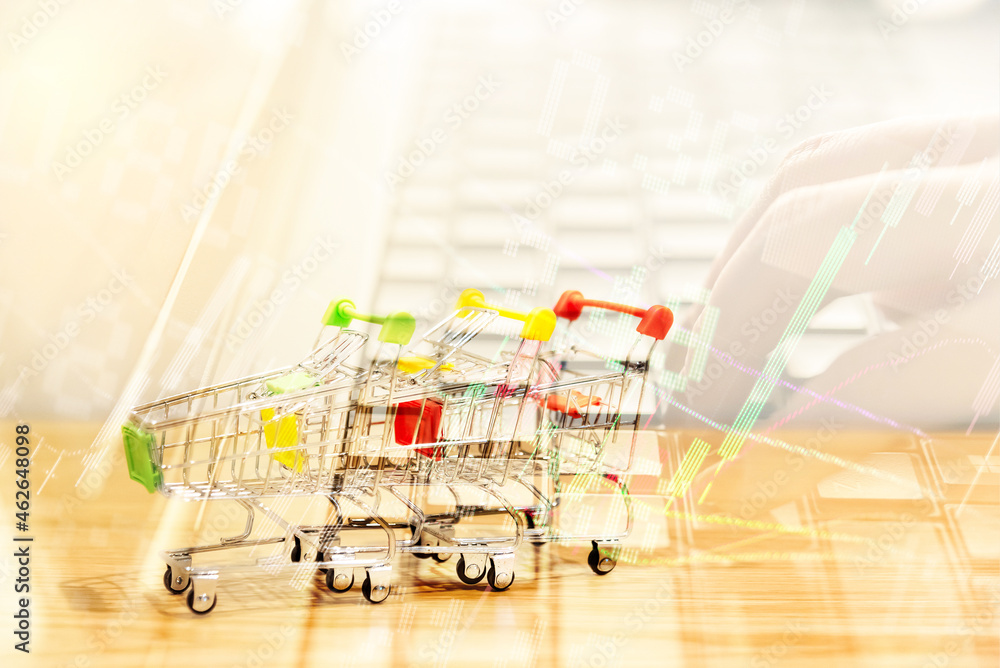 Poster close-up of shopping cart and on vintage retro background with some copy space for texting.