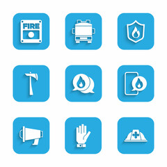 Set Telephone call 911, Firefighter gloves, helmet, Phone with emergency, Megaphone, axe, protection shield and alarm system icon. Vector