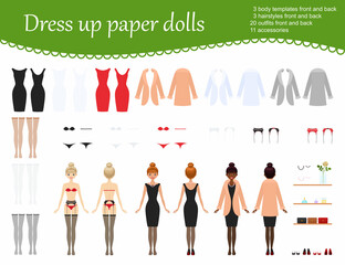 Dress up young women in elegant outfit. Cartoon flat style. Vector illustration