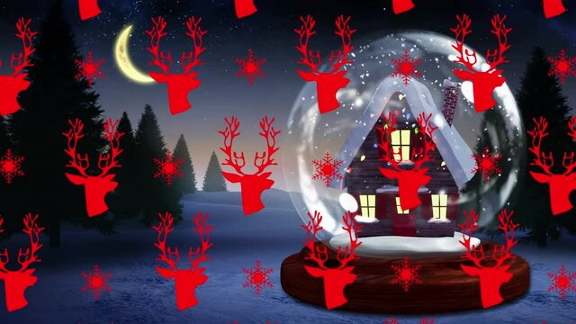 Red reindeer and snowflakes icons against house in a snow globe on winter landscape