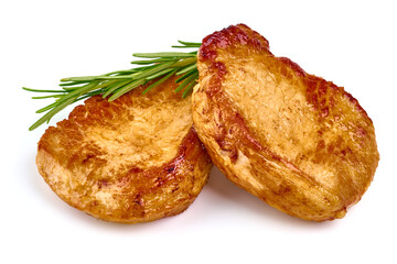 Roasted pork steaks with rosemary, isolated on white background.