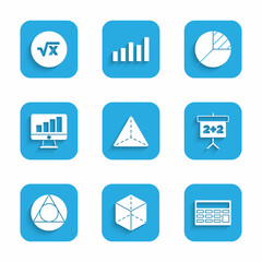 Set Geometric figure Tetrahedron, Cube, Calculator, Chalkboard, Triangle math, Computer monitor with graph chart, Pie infographic and Square root of x glyph icon. Vector
