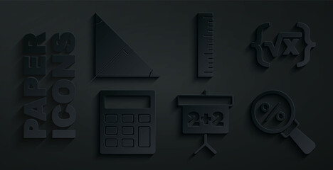 Set Chalkboard, Square root of x glyph, Calculator, Magnifying glass with percent, Ruler and Angle bisector triangle icon. Vector