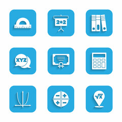 Set Certificate template, XYZ Coordinate system, Square root of x glyph, Calculator, Graph, schedule, chart, diagram, Office folders and Protractor icon. Vector