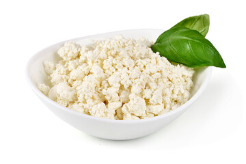 Bowl of cottage cheese, isolated on white background.
