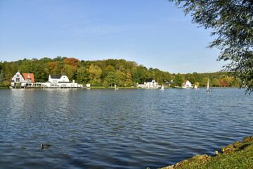 L'automne dans un endroit bucolique au lac de Genval entouré de végétation luxuriante avec quelques restaurants  