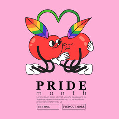 Fototapeta na wymiar Two cute cherries hug each other tenderly with rainbow colored leaves. Creative lgbtq or pride month web or advertisement banner, landing page, greeting post card. Funny characters on pink background.