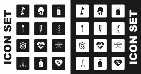 Set Eye drop bottle, Medical thermometer, Sperm, Human broken bone, Microscope, Sore throat, Stretcher and Life insurance in hand icon. Vector