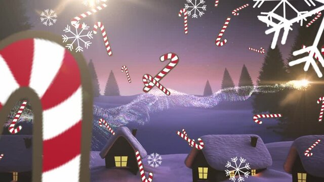 Candy cane icons and snowflakes falling against shooting star over winter landscape