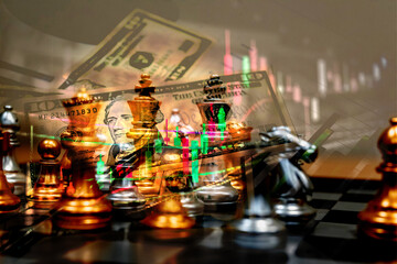 Chess board game to represent the business strategy with competition in the world market. and find out the best solution to meet target objective and goal. Sign and symbol of challenging as concept.